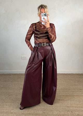 Simone leather look wide leg trouser - Merlot