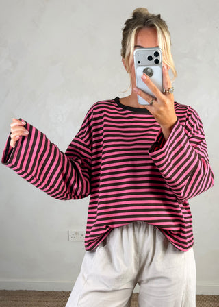 Nico crew neck striped tee - Chocolate/pink