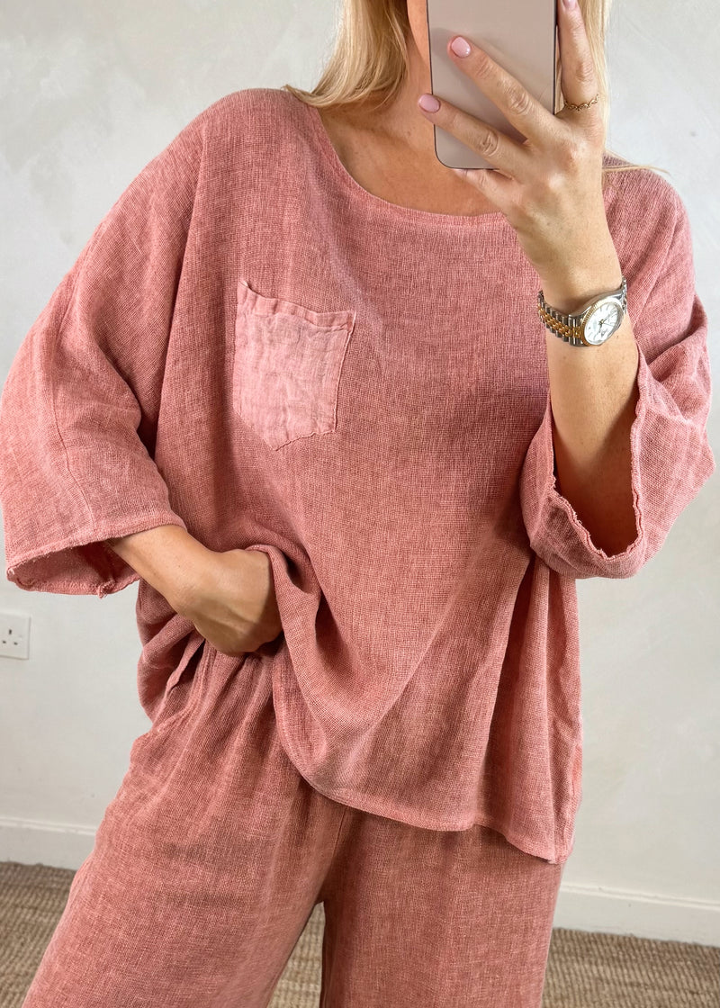 Erin Linen blend pocket tee - terracotta