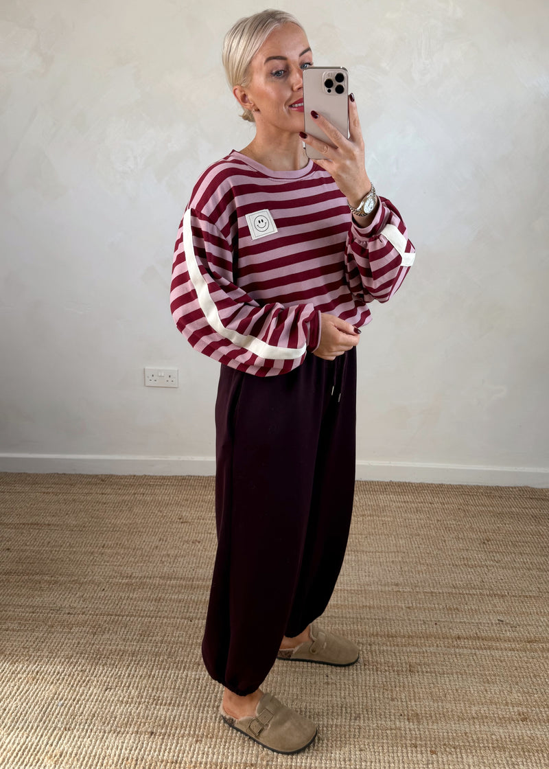 Smiley stripe sweat - Merlot/pink