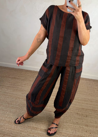 Nia striped linen top - Rust/chocolate