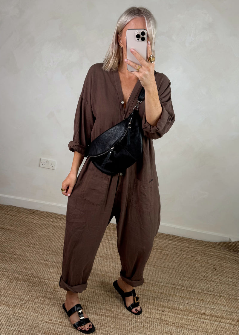 Seth linen blend jumpsuit - chocolate
