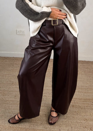 Chloe leather look barrel leg trouser - Chocolate