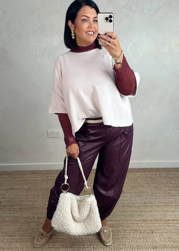 Sheer frill l/s top - Merlot