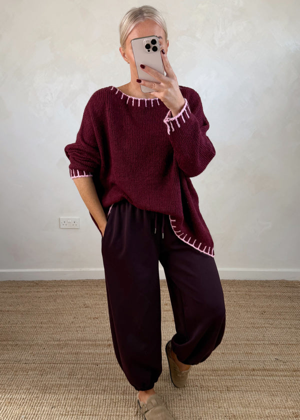 Elle contrast stitch knit - Merlot/blush