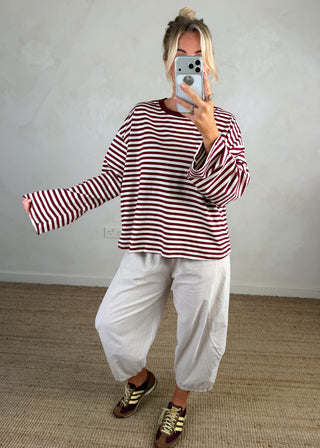 Nico crew neck striped tee - Merlot/cream