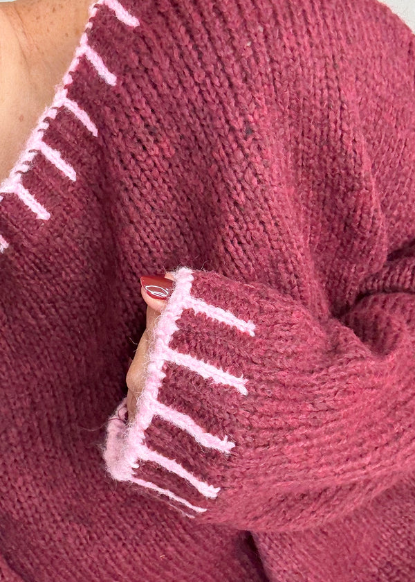 Elle contrast stitch knit - Merlot/blush