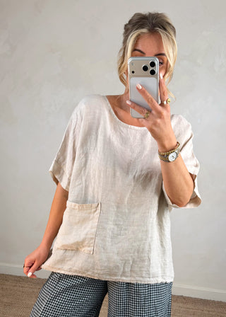 Aria linen button back top - Beige