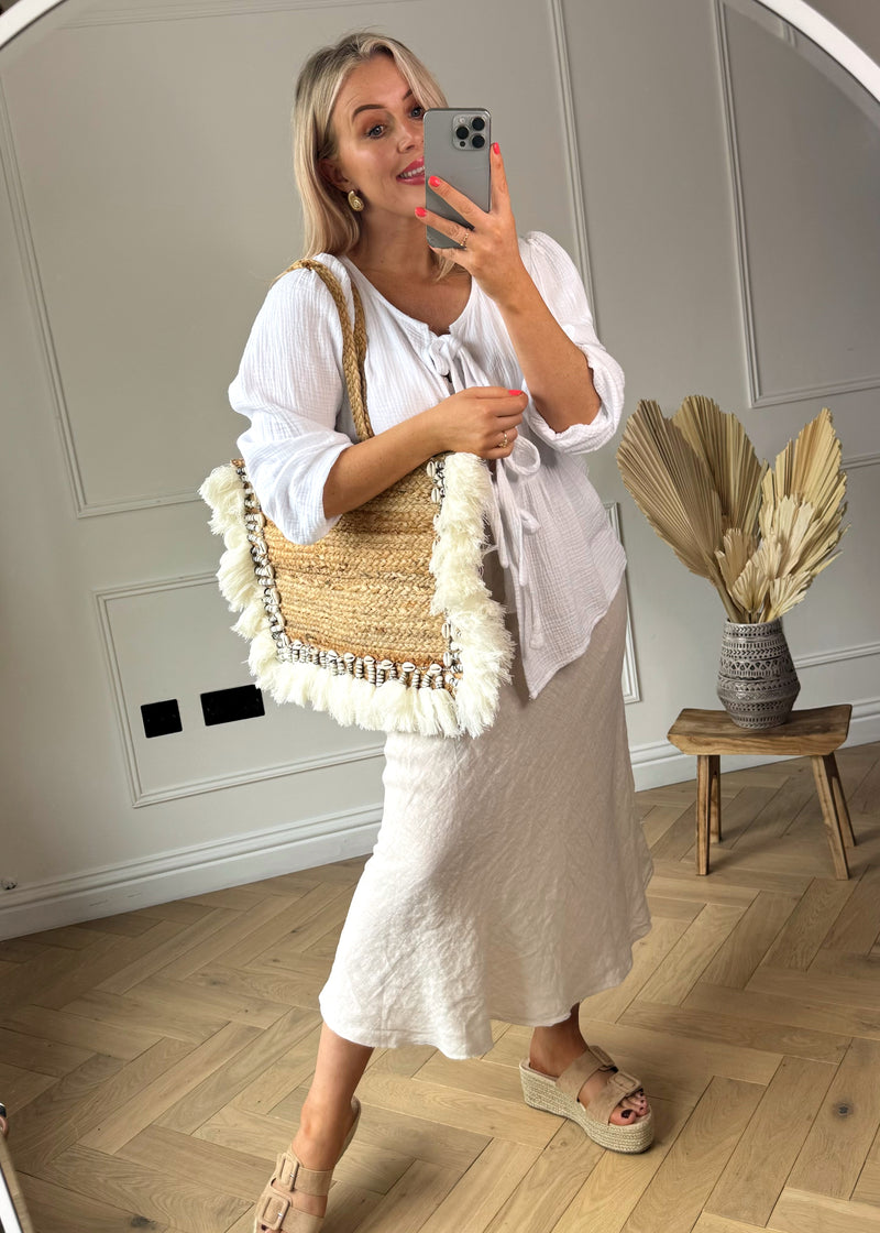 Jute cowrie shell tote