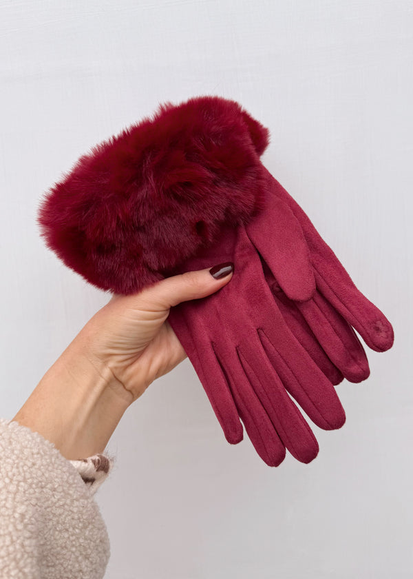 Fur trim glove - Merlot