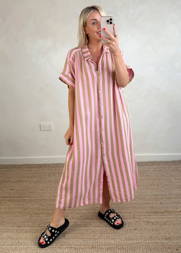 Tatum cheesecloth dress - camel/pink