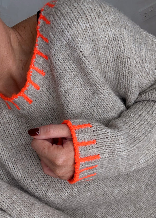 Elle contrast stitch knit - oatmeal/orange