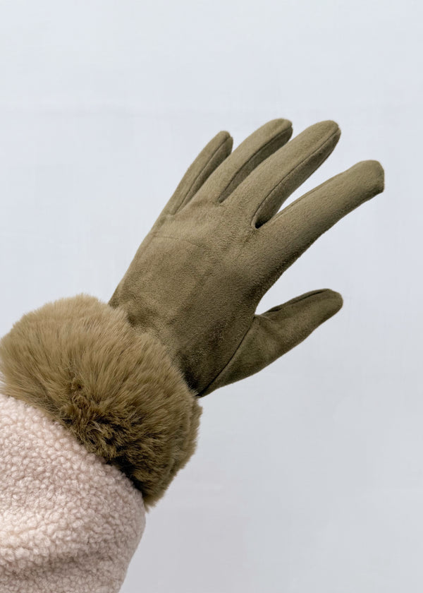 Fur trim glove - olive