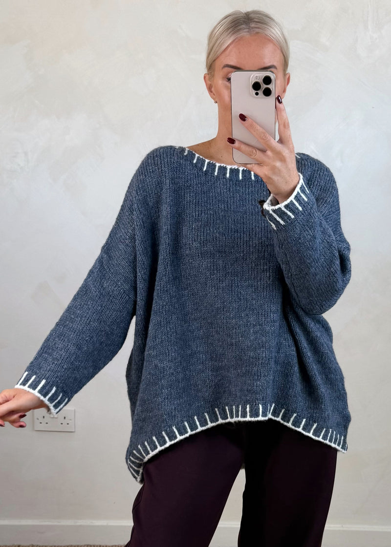 Elle contrast stitch knit - denim/cream