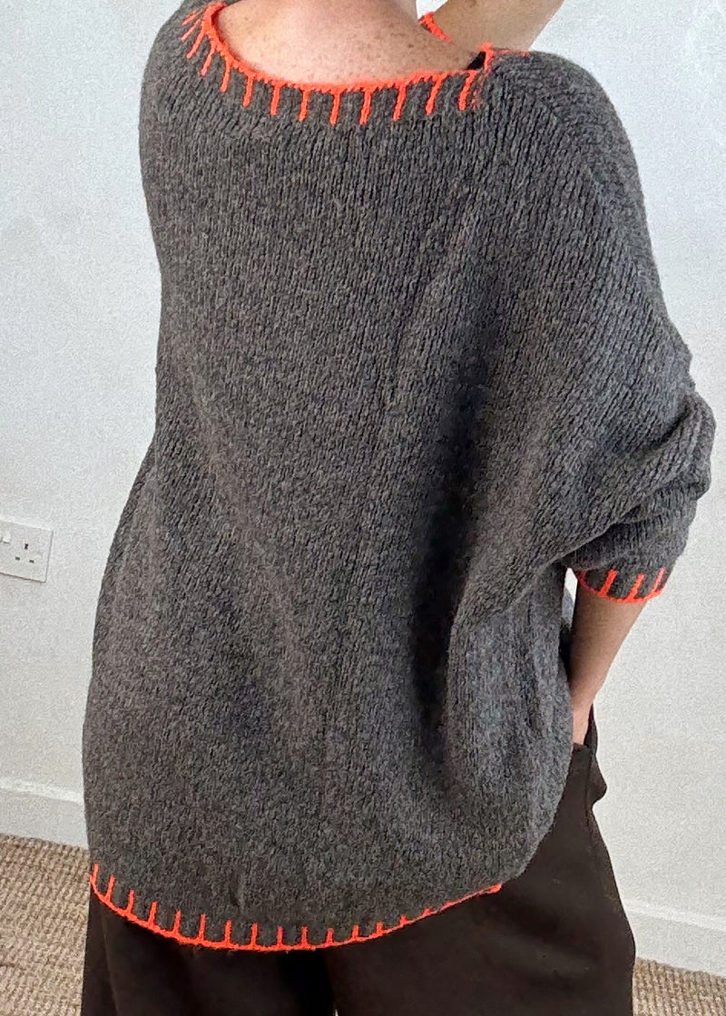 Elle contrast stitch knit - dark mocha/orange