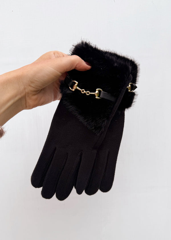 Fur trim glove - black