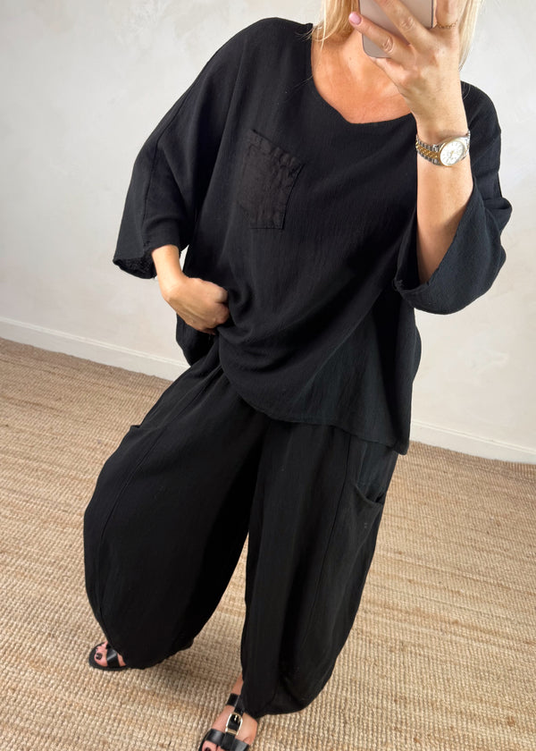Erin Linen blend pocket tee - black