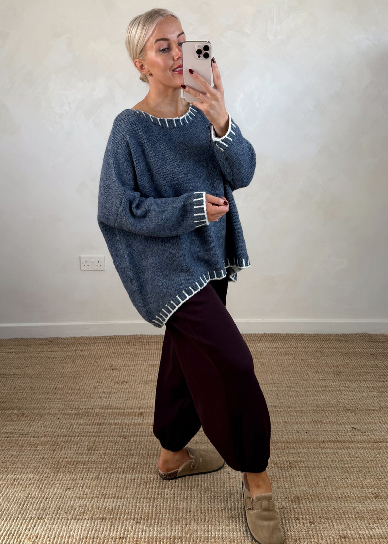 Elle contrast stitch knit - denim/cream
