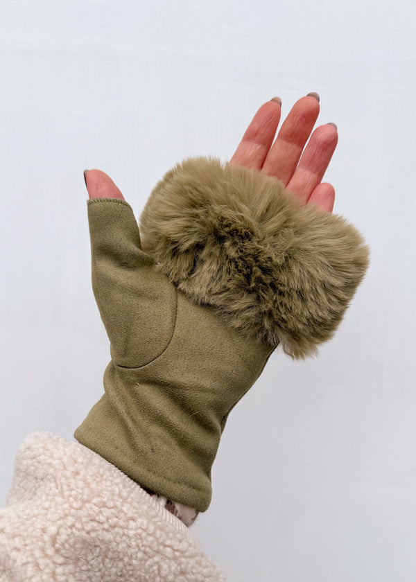 Fur trim fingerless glove - olive