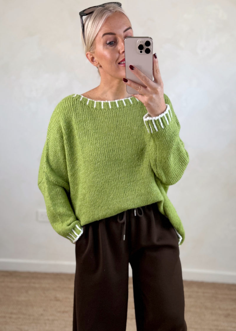 Elle contrast stitch knit - pistachio/cream