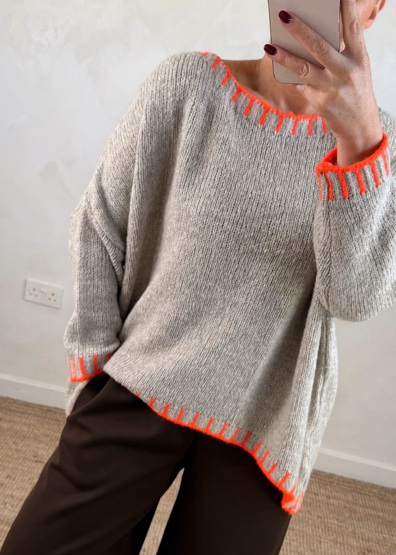 Elle contrast stitch knit - oatmeal/orange