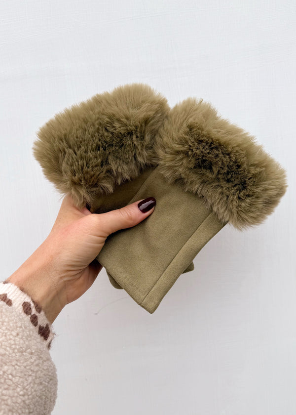 Fur trim fingerless glove - olive