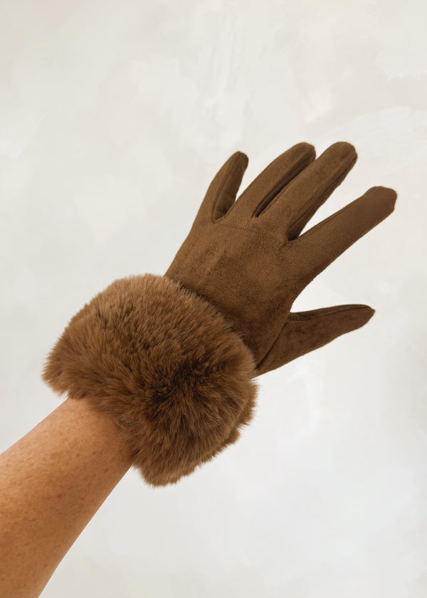 Fur trim glove - tan