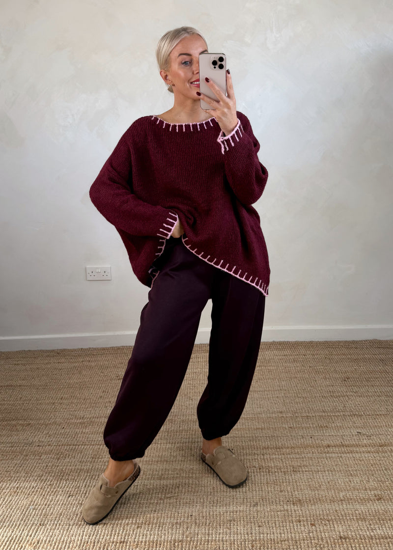 Elle contrast stitch knit - Merlot/blush