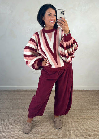 Balloon sleeve striped knit