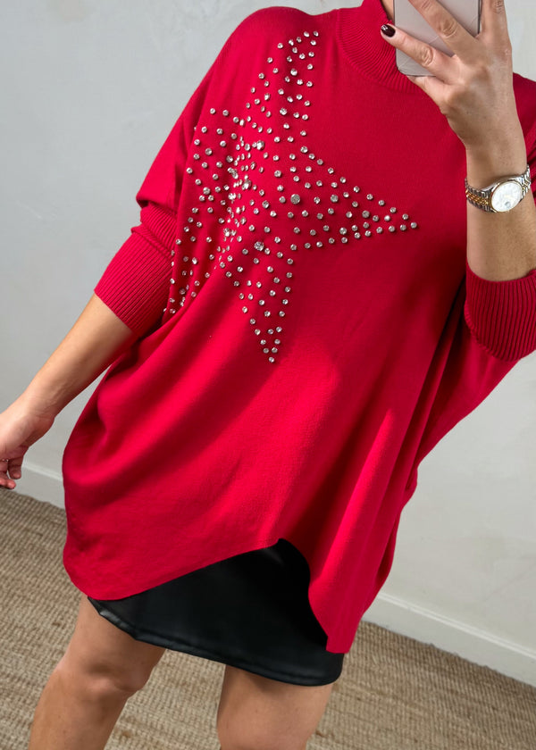 Diamanté star knit - Red