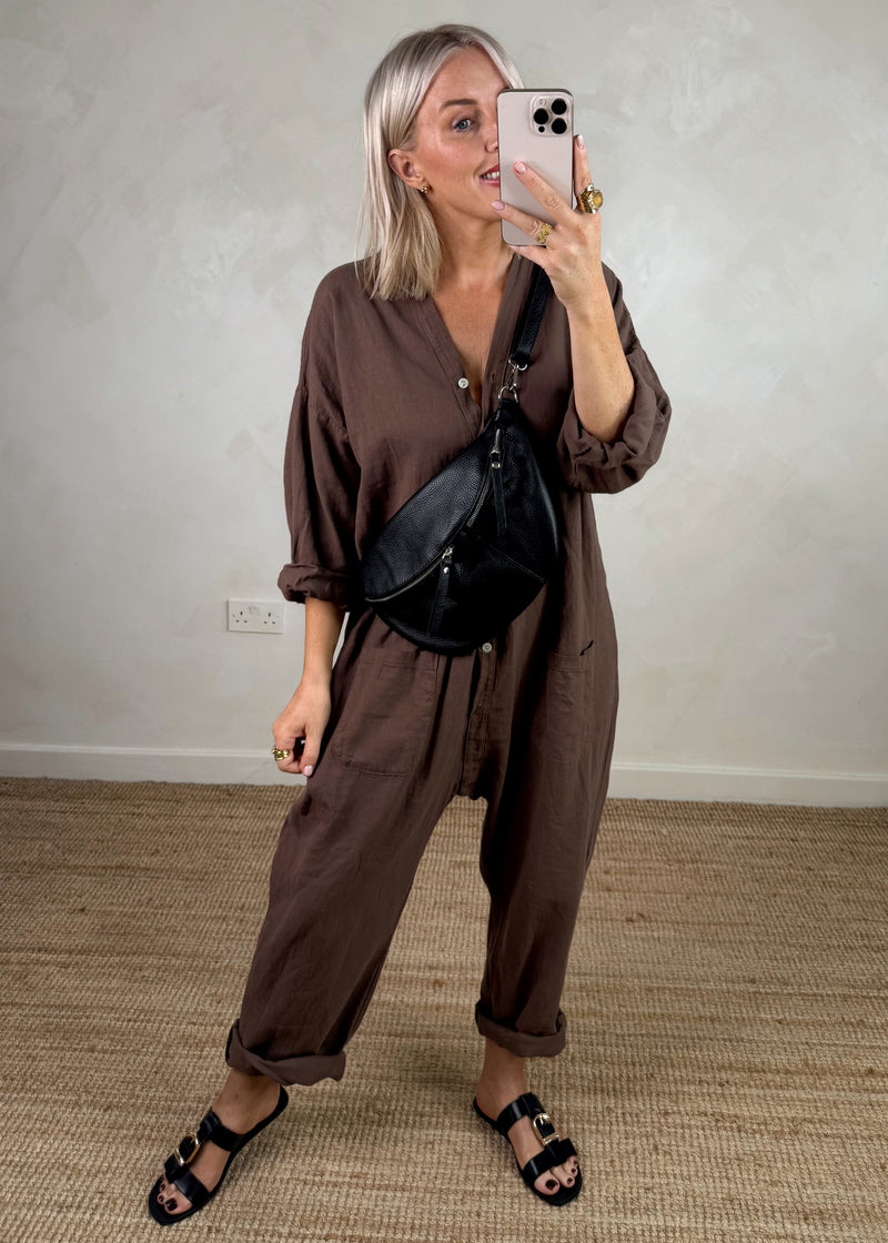 Seth linen blend jumpsuit - chocolate