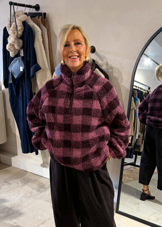 1/4 zip check fleece - Merlot/pink