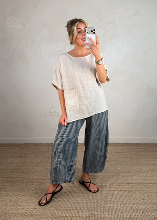 Aria linen button back top - Beige