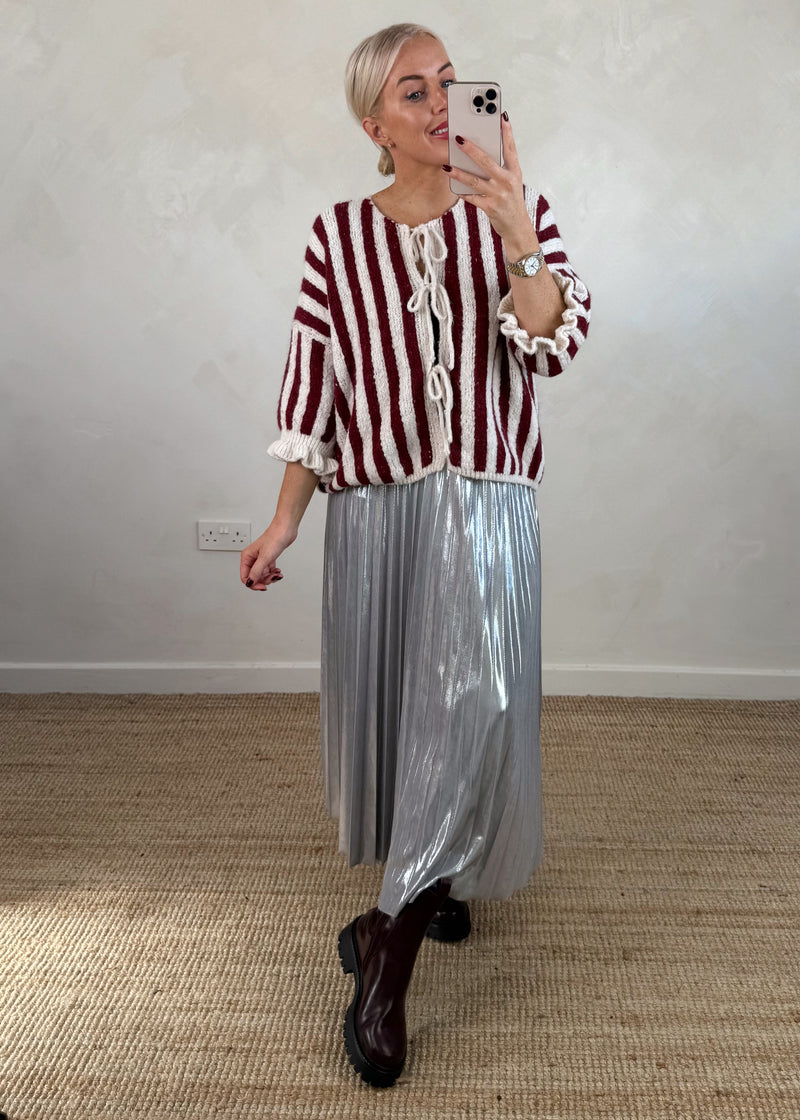 Clara Striped tie front knit - Merlot/cream