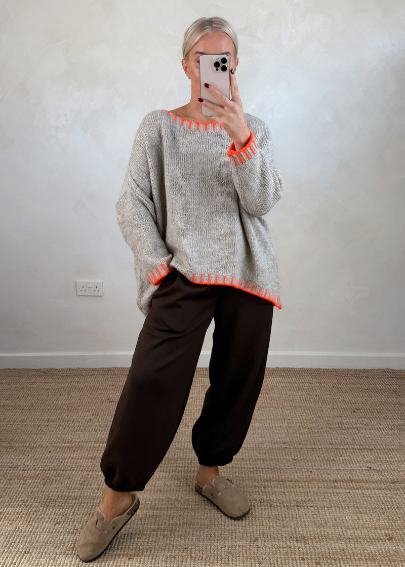 Elle contrast stitch knit - oatmeal/orange