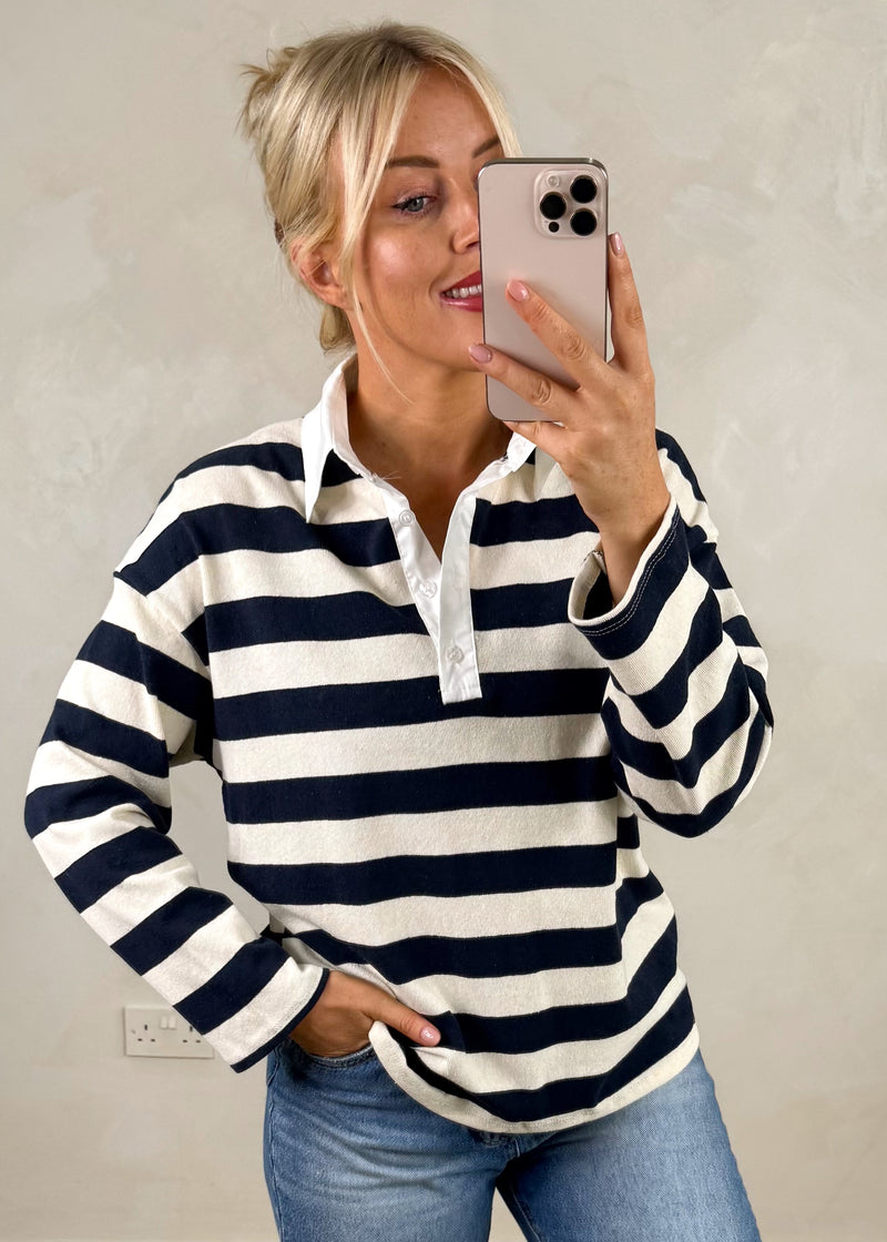 Striped cotton rugby polo - navy/cream-The Style Attic