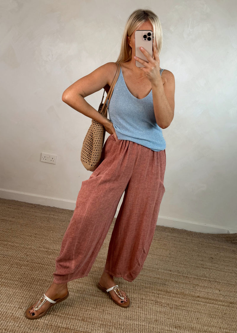 Junie barrel leg linen trouser - terracotta