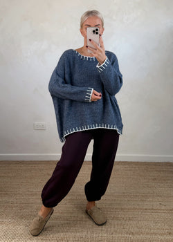 Elle contrast stitch knit - denim/cream