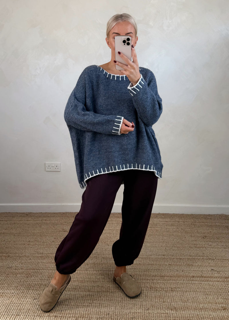 Elle contrast stitch knit - denim/cream