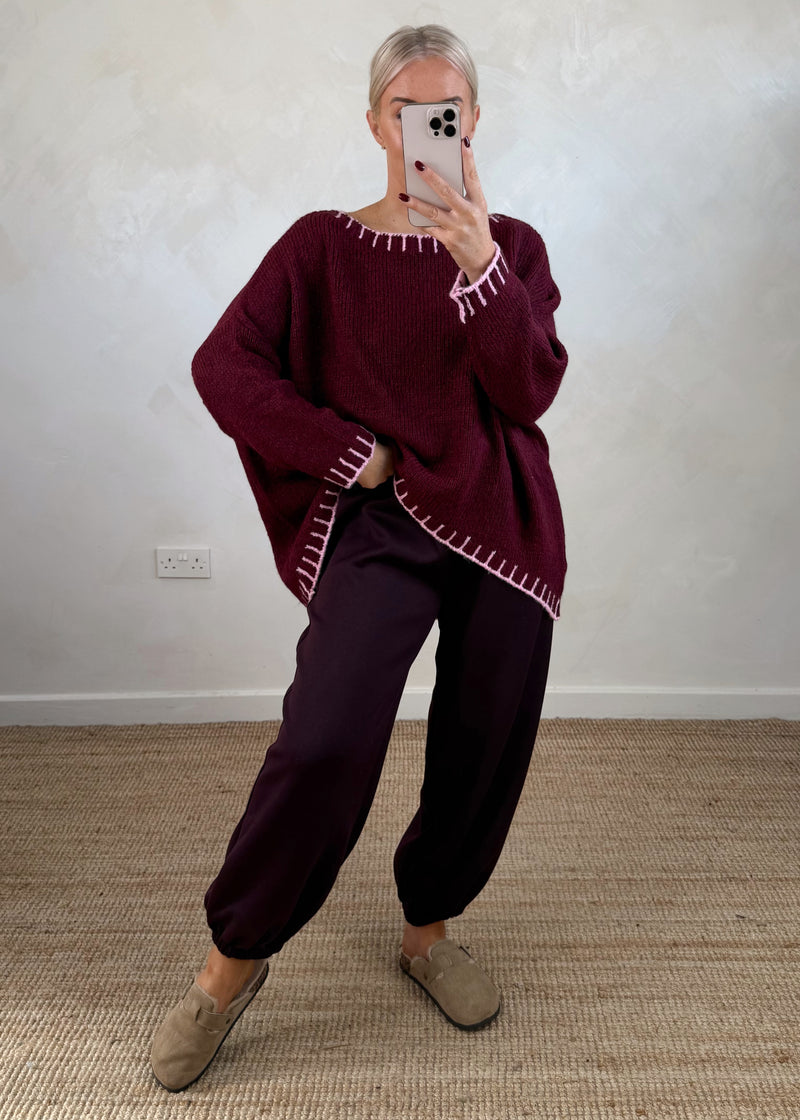 Elle contrast stitch knit - Merlot/blush