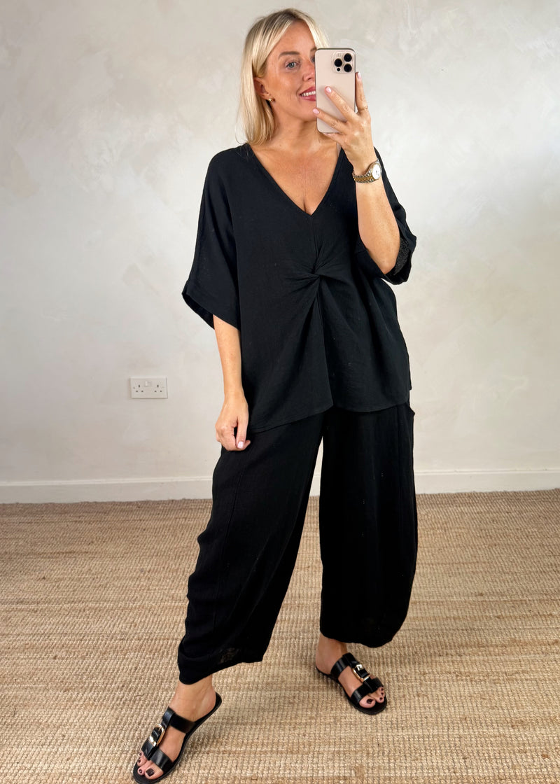 Rina linen blend top - black