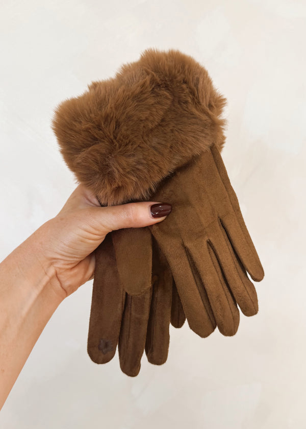 Fur trim glove - tan