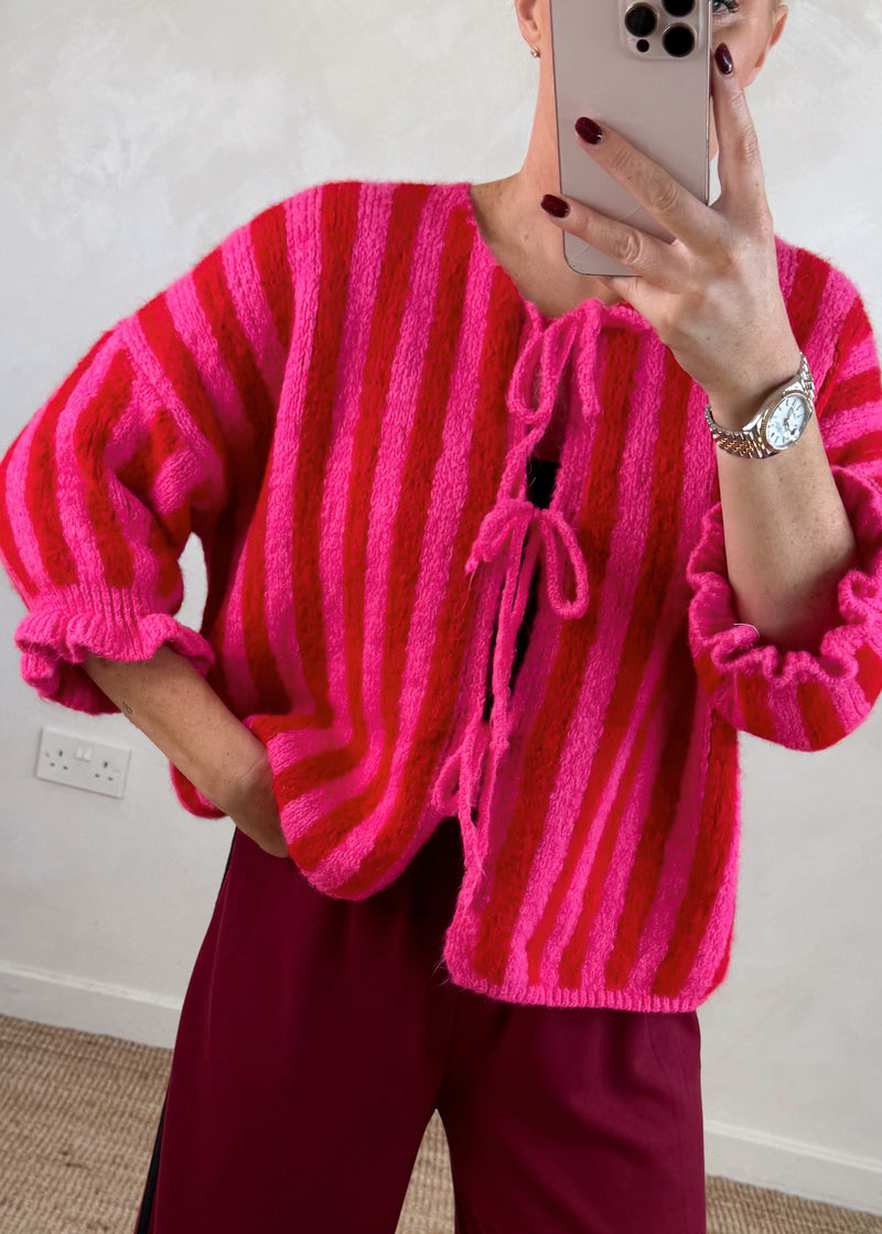 Clara Striped tie front knit - red/pink