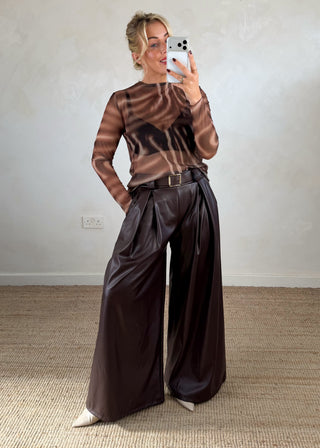 Simone leather look wide leg trouser - Chocolate