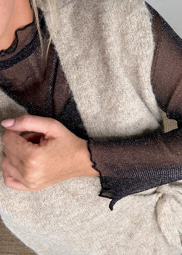 Sheer frill l/s top - black