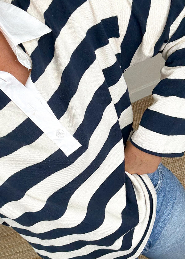 Striped cotton rugby polo - navy/cream-The Style Attic
