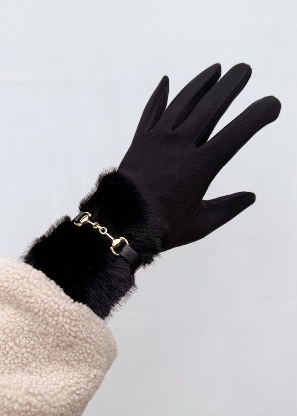 Fur trim glove - black