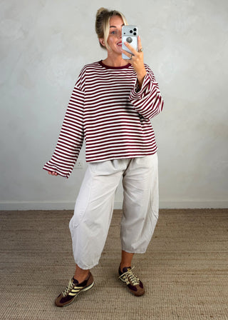 Nico crew neck striped tee - Merlot/cream