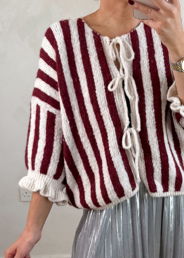 Clara Striped tie front knit - Merlot/cream