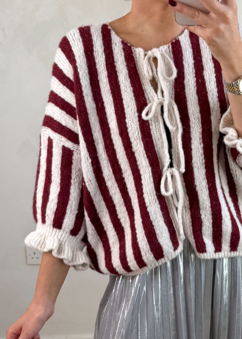 Clara Striped tie front knit - Merlot/cream